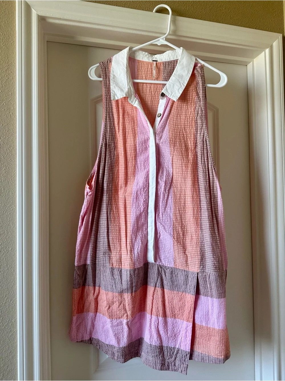Free People “Beverly” Light Pink & Peach Striped Collared Sleeveless Romper